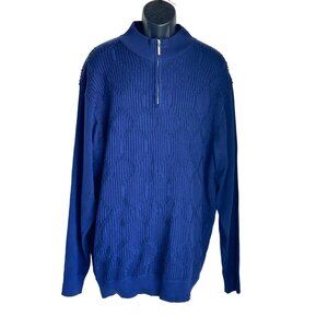 Royal Blue Ribbed Knit Pullover With Quarter Zip & Geometric Texture Design